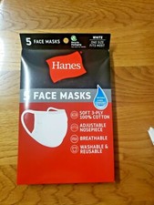 Hanes 100 Cotton Fabric Face Mask Reusable White 5 PACK NEW