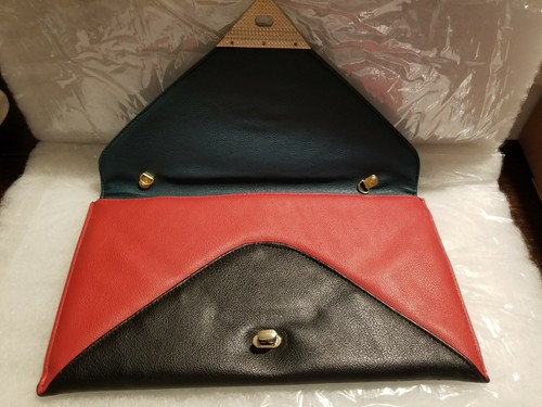 Pochette enveloppe cuir vintage, bloc couleur vert foncé/rouge rétro - Photo 3/4