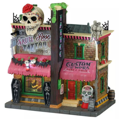 Lemax Spooky Town The Skull & Rose Tatoo Studio Lighting Excellent DVG NIB