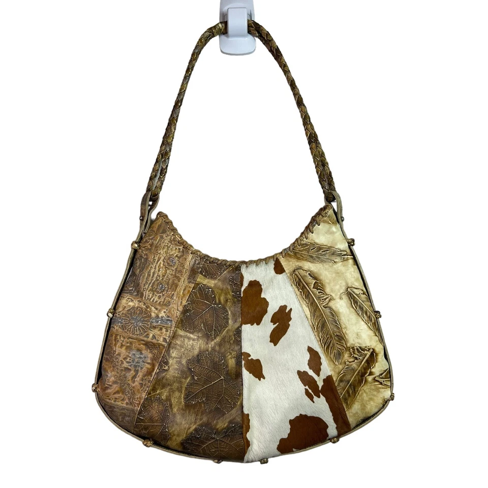 Cartera de Hombro Besso Cuero Marrón Hoja Repujado Piel de Vaca Retazos Western Boho Foto 3 de 4
