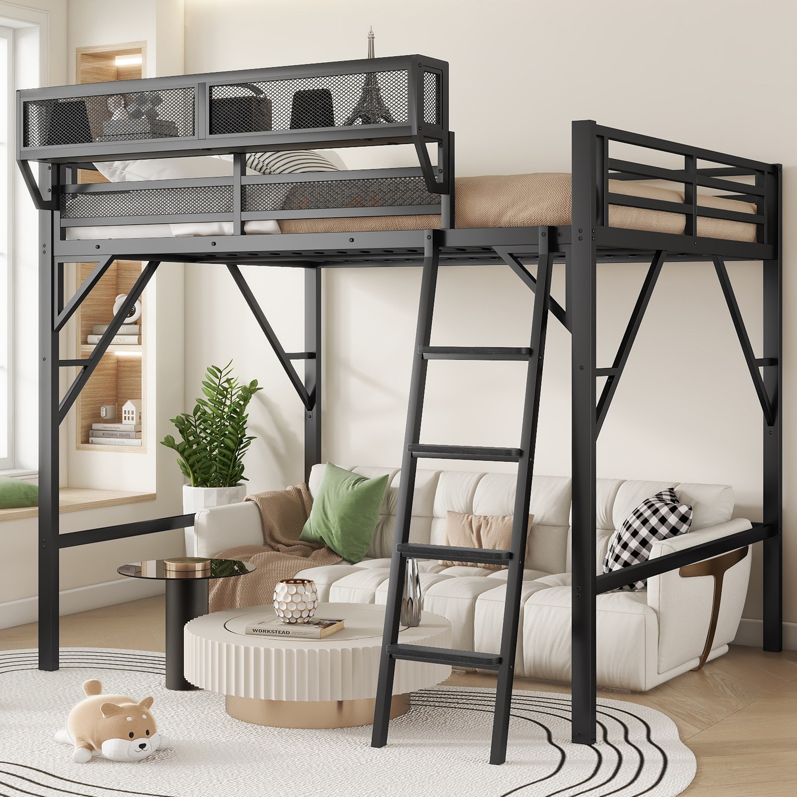 Queen Size Metal Loft Bed with Ladder and Storage Shelves for Kids Teens