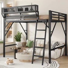 Queen Size Metal Loft Bed w/Ladder，High Loft Bed w/Storage Shelve for Kids Teens
