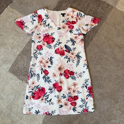 Ann Taylor Petite Floral Shift Dress Cream Red Pink V-Neck Short Sleeve XSP