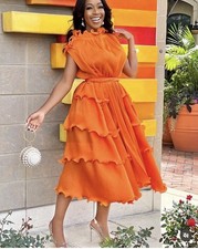 One Size Fits All vibrant Orange Midi Dress drawstring neck tie