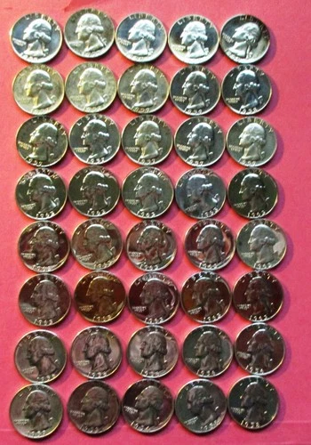 MIXED ROLL OF 40 SILVER PROOF WASHINGTON QUARTERS. 1953-1963. STUNNING