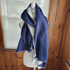 NWT Unbranded oversized chunky knit rectangle scarf gray navy blue fringe
