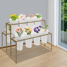 Flower Display Stand W/ 12 buckets Gold Shelf  White Round Bucket 2 Tier