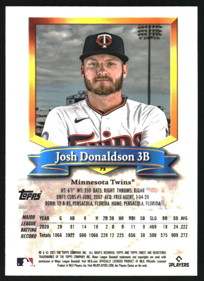 2021 Finest Flashbacks Baseball Card #72 Josh Donaldson - Image 2 of 2