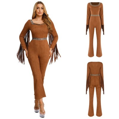 Women's Native Primitive Man Cosplay Fringe Jumpsuit Wide Leg Pants Rompers