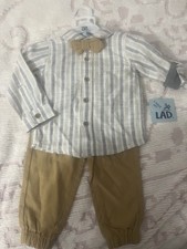 NWT Little Lad Boys 3 Piece Set: Khaki Pants Striped Shirt Bow Tie 12 Months