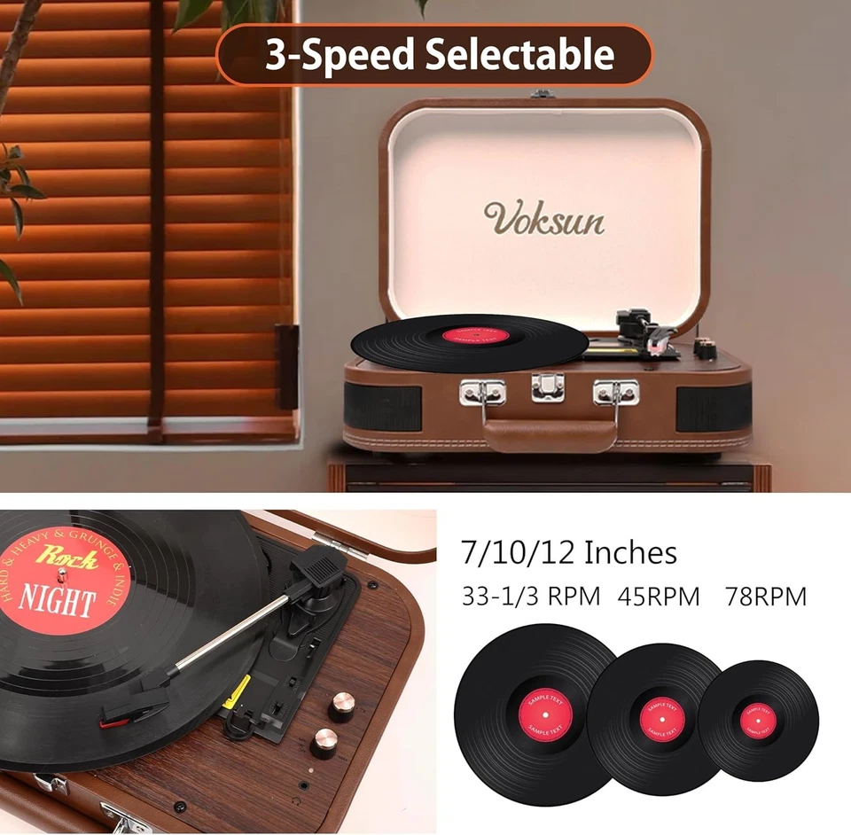 Platine Vinyle, Voksun Platine Portable Vintage Avec Sortie Bluetooth Lit - Photo 2/4