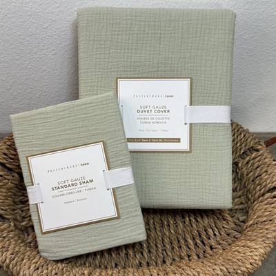 POTTERY BARN TEEN SOFT GAUZE DUVET COVER SET, TWIN/XL + 1 STANDARD SHAM ~ SAGE