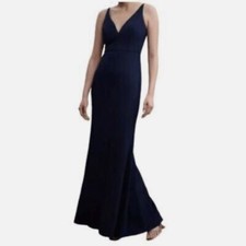 BHLDN Anthropologie 18 Tatum V Neck Crepe Gown Maxi Dress Navy Blue Sleeveless