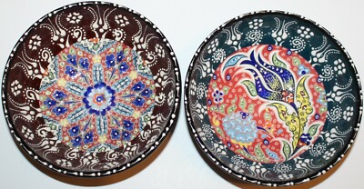 Turkish Defective 6''x2 1/4'' Handmade Iznik Floral Pattern Ceramic Bowl Set of 2