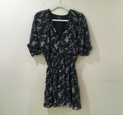 Lulus Forever In Bloom Black Mini Dress Babydoll Sleeve Chiffon