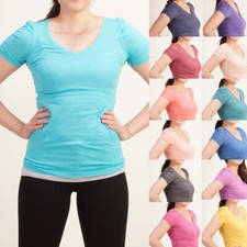 Women's Basic V-NECK Short Ruched Sleeve T-shirt Stretch Thin Tee 13 color 8604