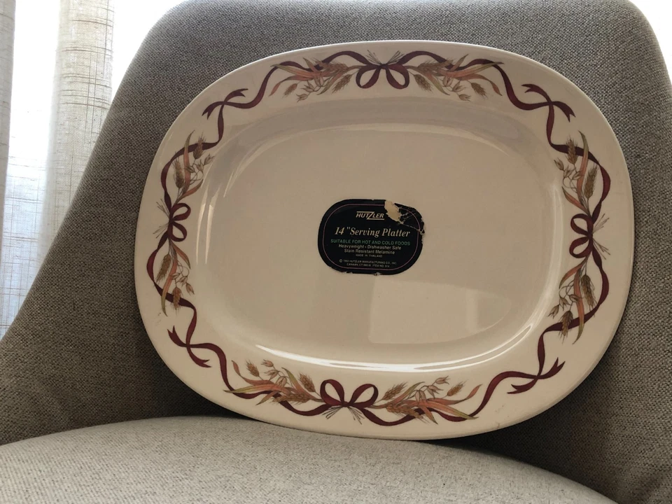 1993 Hutzler 14  Melamine Harvest Serving Platter White Wheat Red Ribbon - Image 2 of 4