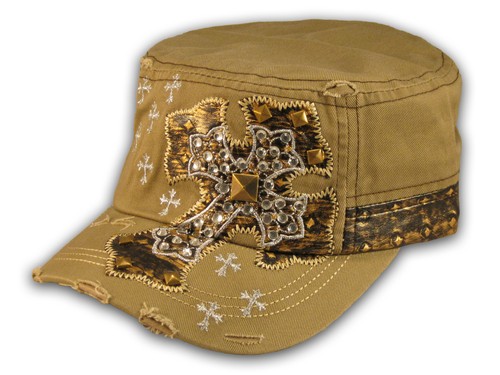 Jeweled Cross on Khaki Cadet Castro Hat 