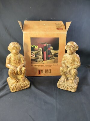 MELANNCO Pair of Golden Sitting Monkey Chimp Ape Bookends Resin Figurines NIB 