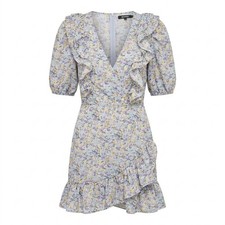 Missguided Women’s Floral V-Neck Wrap Short Woven Cotton Dress UK 8 Ruffle