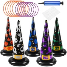 Halloween Ring Toss Set: 5 Colorful Inflatable Witch Hats, 10 Durable Plastic