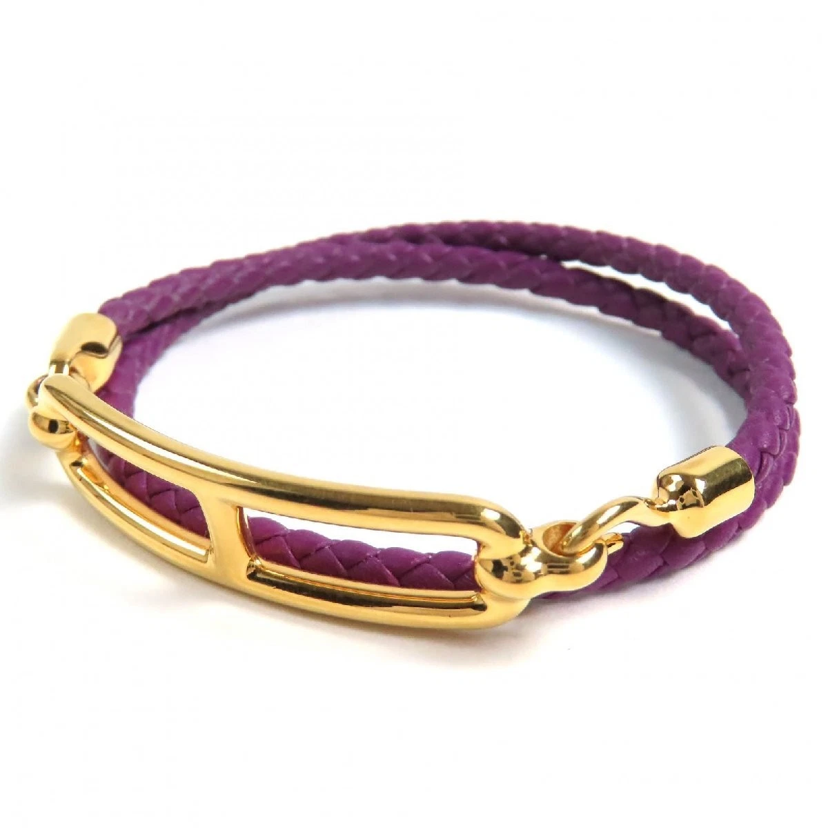 HERMÈS Bracciale HERMES Luri Doppio Tour Ferramenta Oro Pelle Viola con Scatola