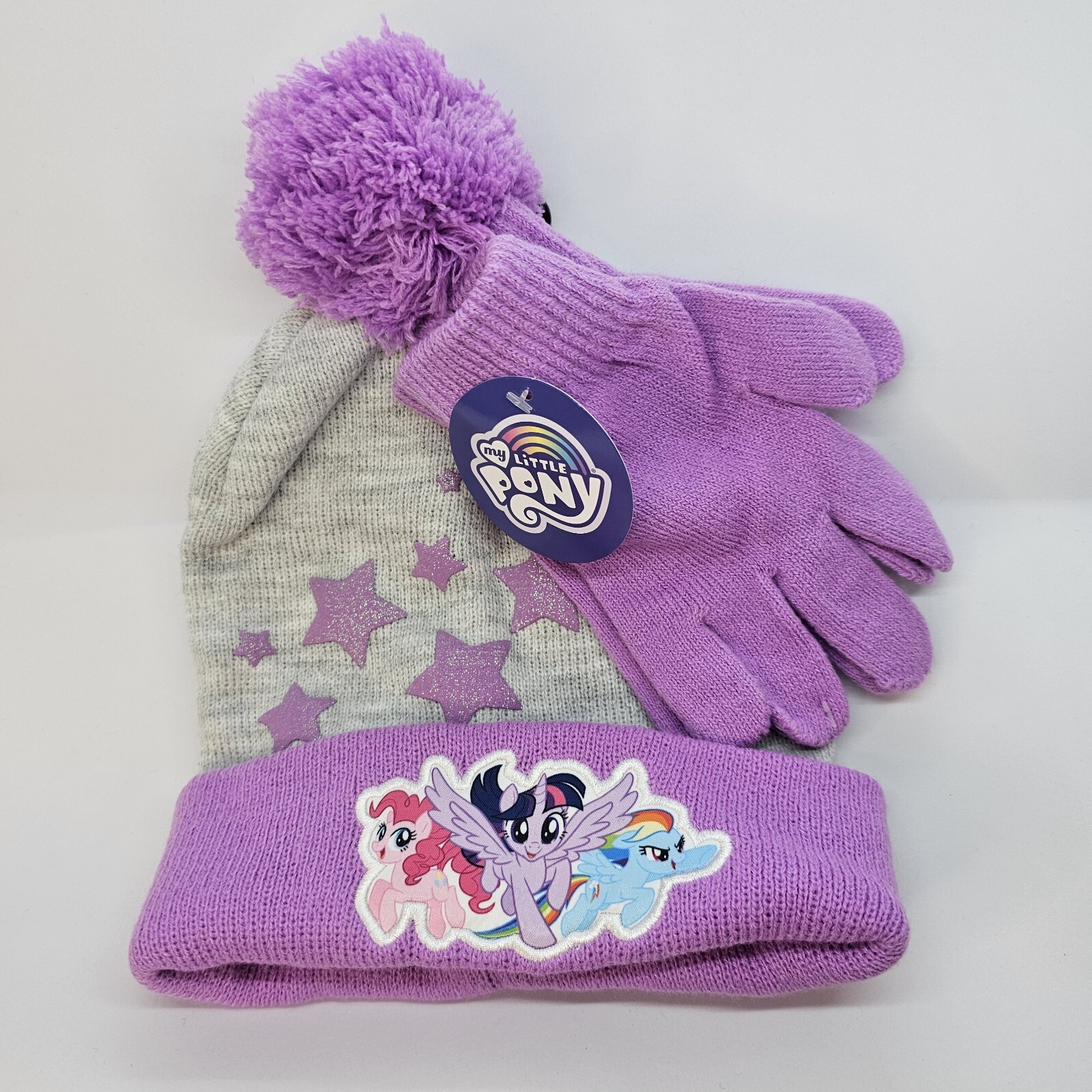 My Little Pony Guanti e Calza Cappello Bambina Pom Viola Grigio Glitter Stelle
