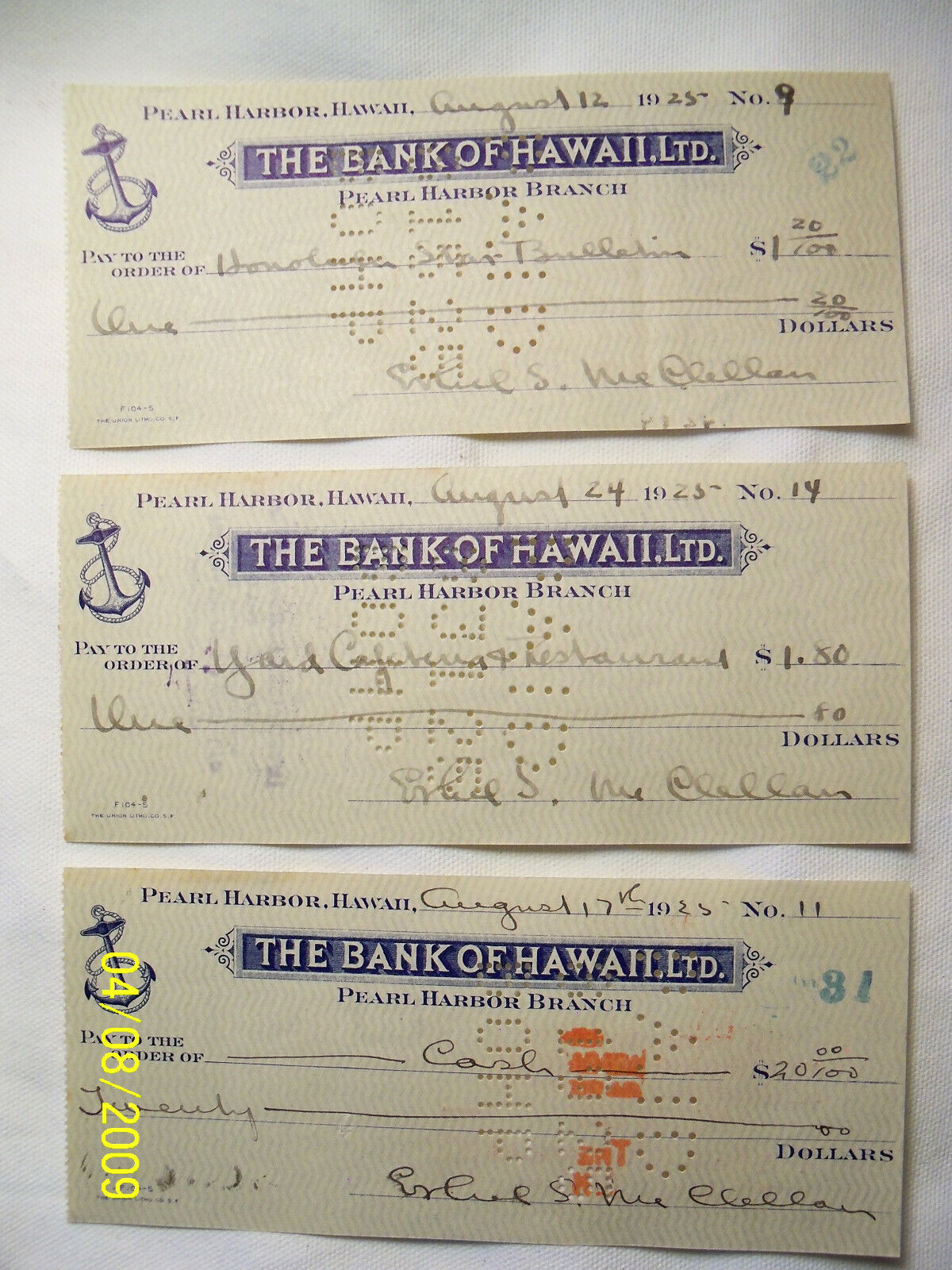 3 CHECKS THE BANK OF HAWAII PEARL HARBOR BRANCH FOR MILITARY OF U.S. NAVAL BASE 