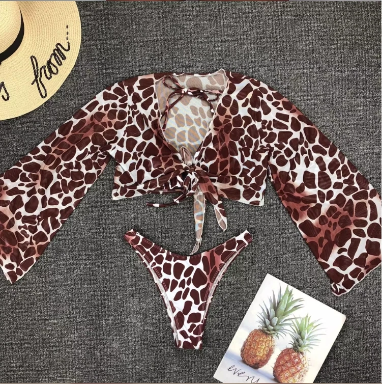 Women's vacation split body swimsuit sexy long sleeved three-piece sets bikini - Image 4 of 4