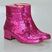 Women s Glitter Sequin Ankle Boots Round Toe Chunky Low Block Heel Zip Shoes