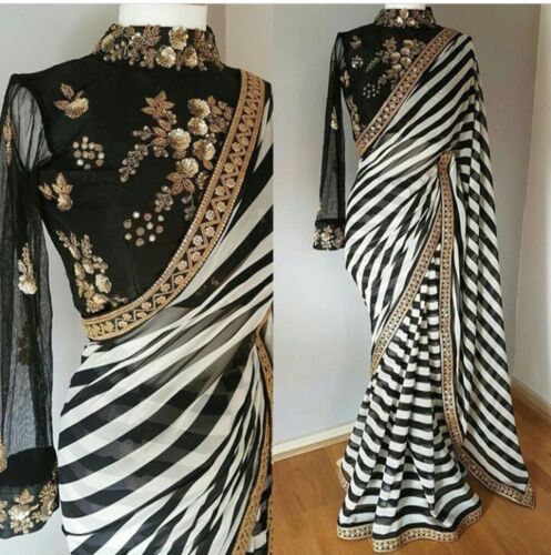 Black & White Indian Bollywood Designer Georgette Saree Embroidery Sari Dress NW - Picture 1 of 6