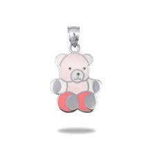 .925 Sterling Silver Rosey Pink Enamel Teddy Bear Reversible Pendant Necklace
