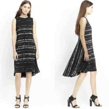 VINCE Black Abstract Stripe Artistic Brushstroke Silk Pleated Cocktail Dress 2