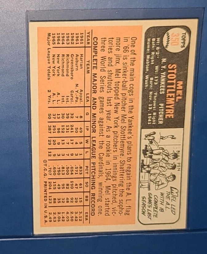 1966 Topps #350 Mel Stottlemyre Yankees EXMT+-NM - Image 2 of 2