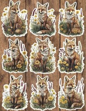 Fox in Yellow Flowers Die Cut Stickers Set Scrapbooking Laptop Waterbottle