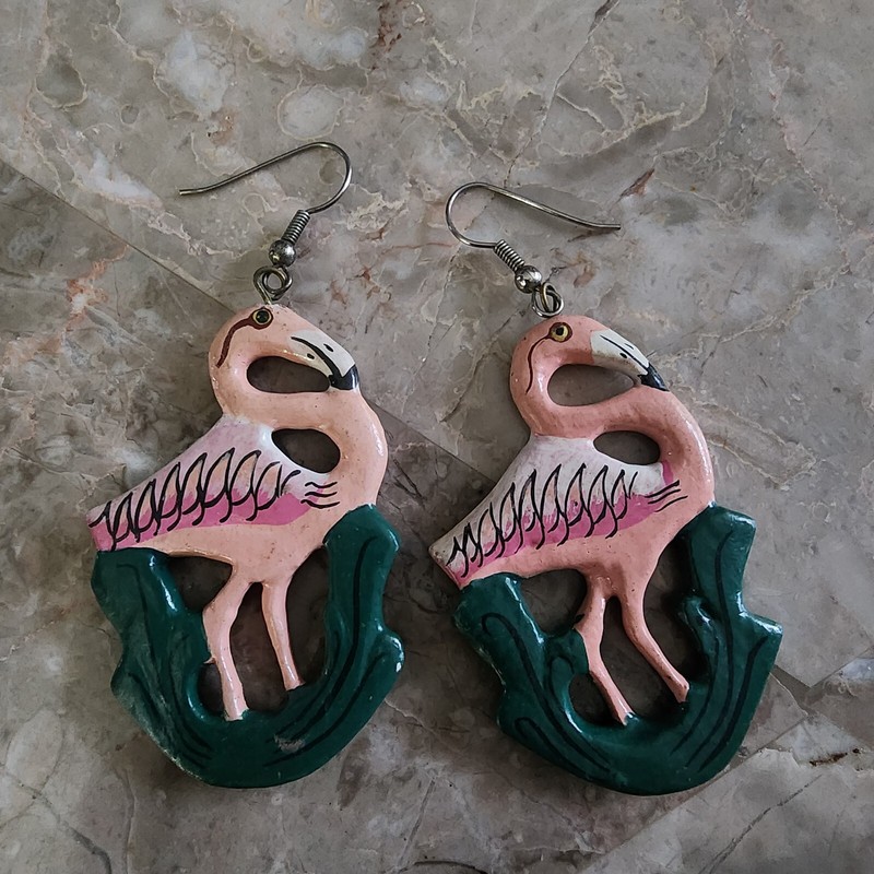 Tropical Pink Flamingo Bird Dangle Earrings Vintage Funky 2"H