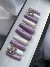 CUSTOM Gel Press On False Nails, PURPLE BUTTERFLY 10p Set With Full Kit NEW