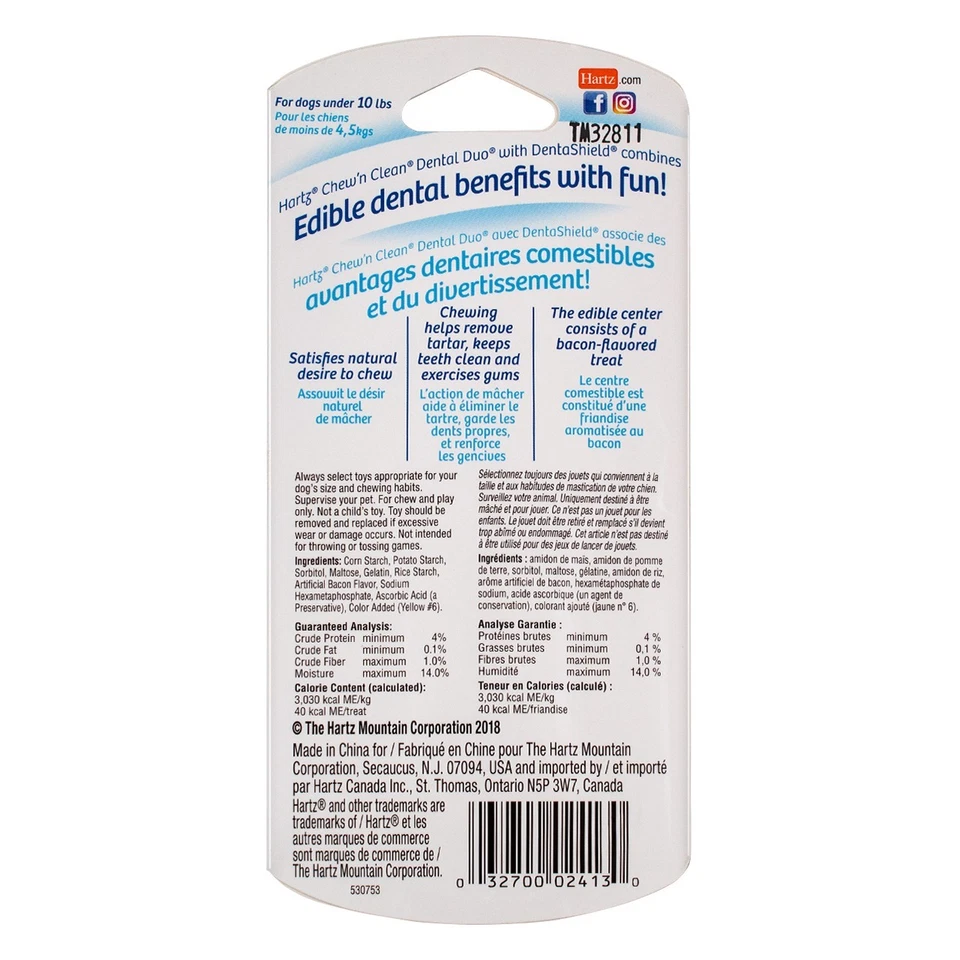 Paquete de 4 juguetes dentales Hartz Chew N Clean dúo para masticar perros, extra pequeños, sabor a tocino Foto 2 de 2