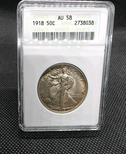 1918-P Walking Liberty Rim Toner ANACS AU58 Soap Box.Walker Half Dollar 50C Coin