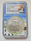 2020W Burnished Silver Eagle, NGC MS70, FDOI President Trump Gold Orah Core Rare