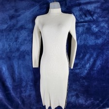 Michael Kors Logo Tape Ribbed Knit Zip Dress Bodycon White Womens XS Long Sleeve