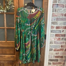 Maeve Anthropologie Green Peacock Paisley Print Mini Dress Lace Trim Size 2