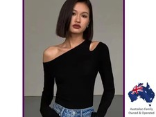 Women Off Shoulder Long Sleeve Crop Top Skew Collar Slim Solid Fit Tee