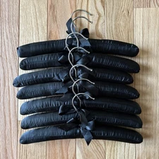 Satin Padded Black Clothes Hangers 12” Long Black Ribbons Silver Hooks Set of 7