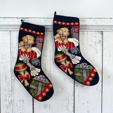 Velvet Needlepoint Christmas Stockings Set Of 2 Large Puppy Dog Gifts Farmhouse
