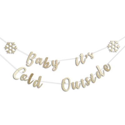 Baby It's Cold Outside Banner - Golden Glitter Snowflake Baby Shower Decorati...