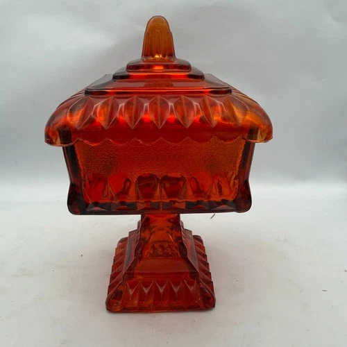 Jeanette Glass Ruby Red Wedding Box Covered Candy Trinket Dish Pedestal MCM Read