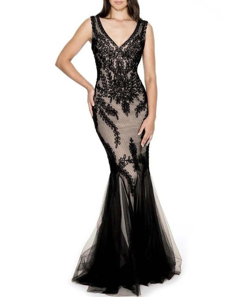 Cachet Vintage Tulle Mesh Mermaid Maxi Prom Dress Black Lace Evening Gown 10  - Image 2 of 4