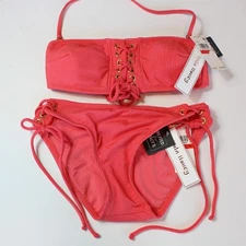 Hula Honey 2 PC Bikini Swimsuit Bandeau Halter Lace Up Shimmer Red XSmall NWT