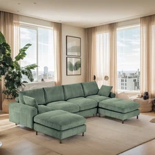 Green 6 Seat Corduroy Modular Sofa: U/L-Shaped Convertible, Pillow+Footstool